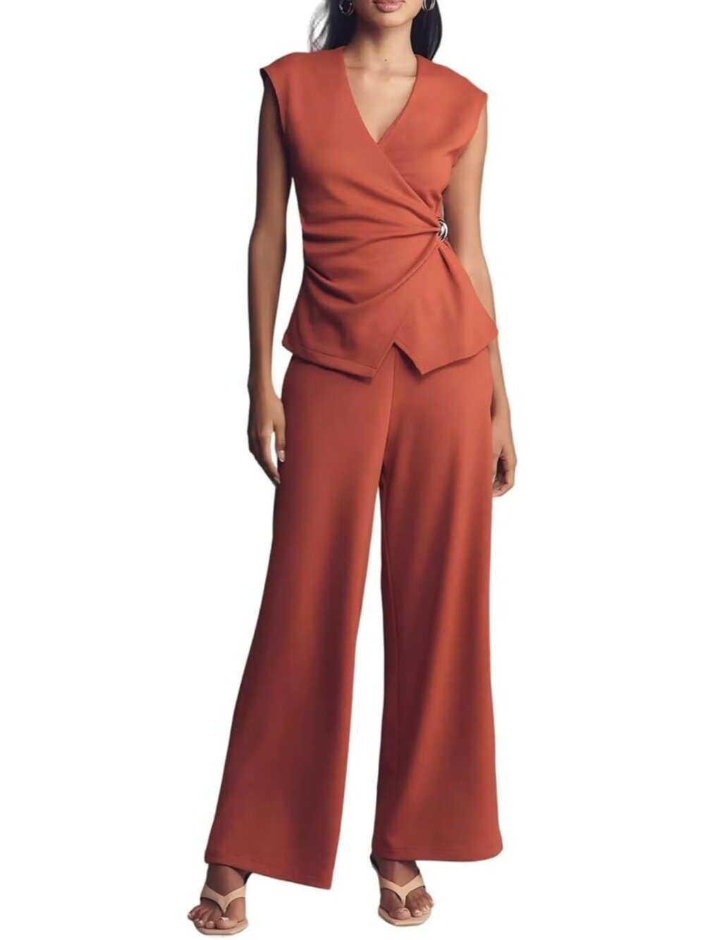 Women 2 Piece Deep V Neck Sleeveless Short Top Red Wide Leg Pants Lounge Set